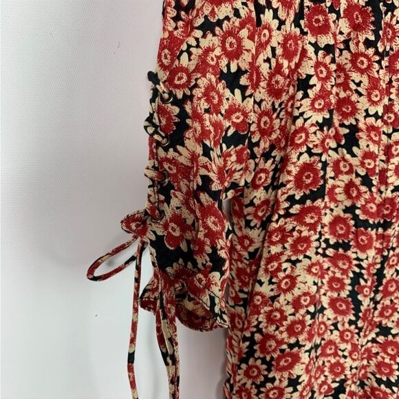 Free People Floral Laced Up Skater Mini Dress In Red/Black - Picture 9 of 11